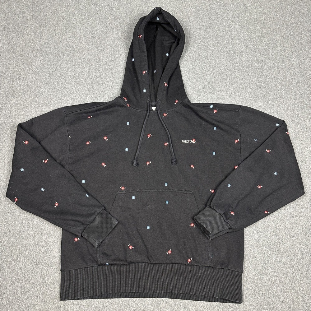 Brixton Hoodie Mens Small S Black All Over Print Micro Floral Flower Pullover